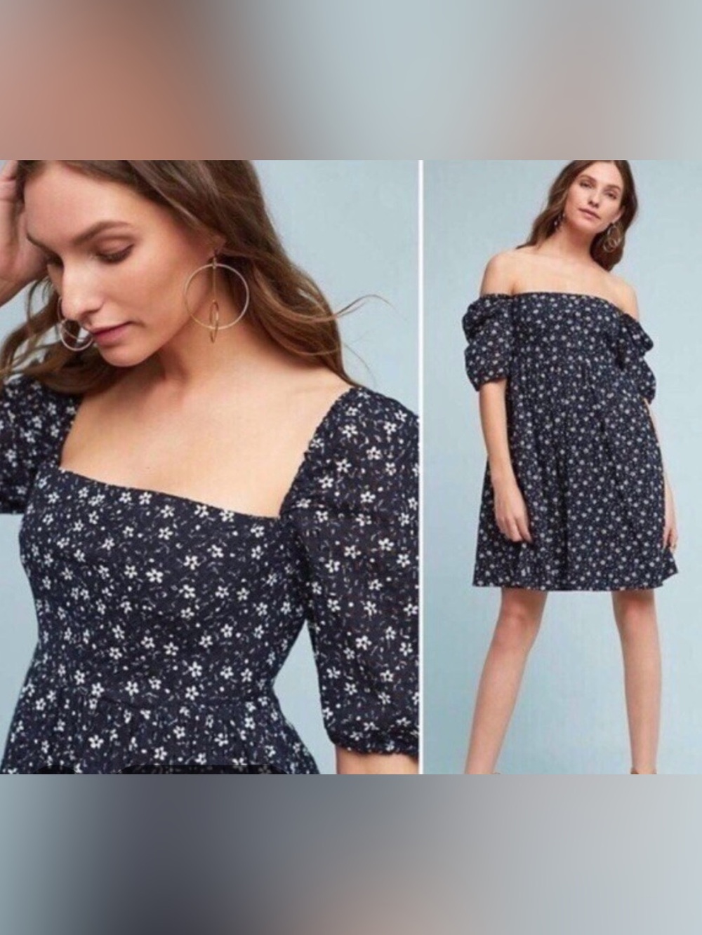 Maeve Navy Babydoll Off-Shoulder Floral Mini Dress